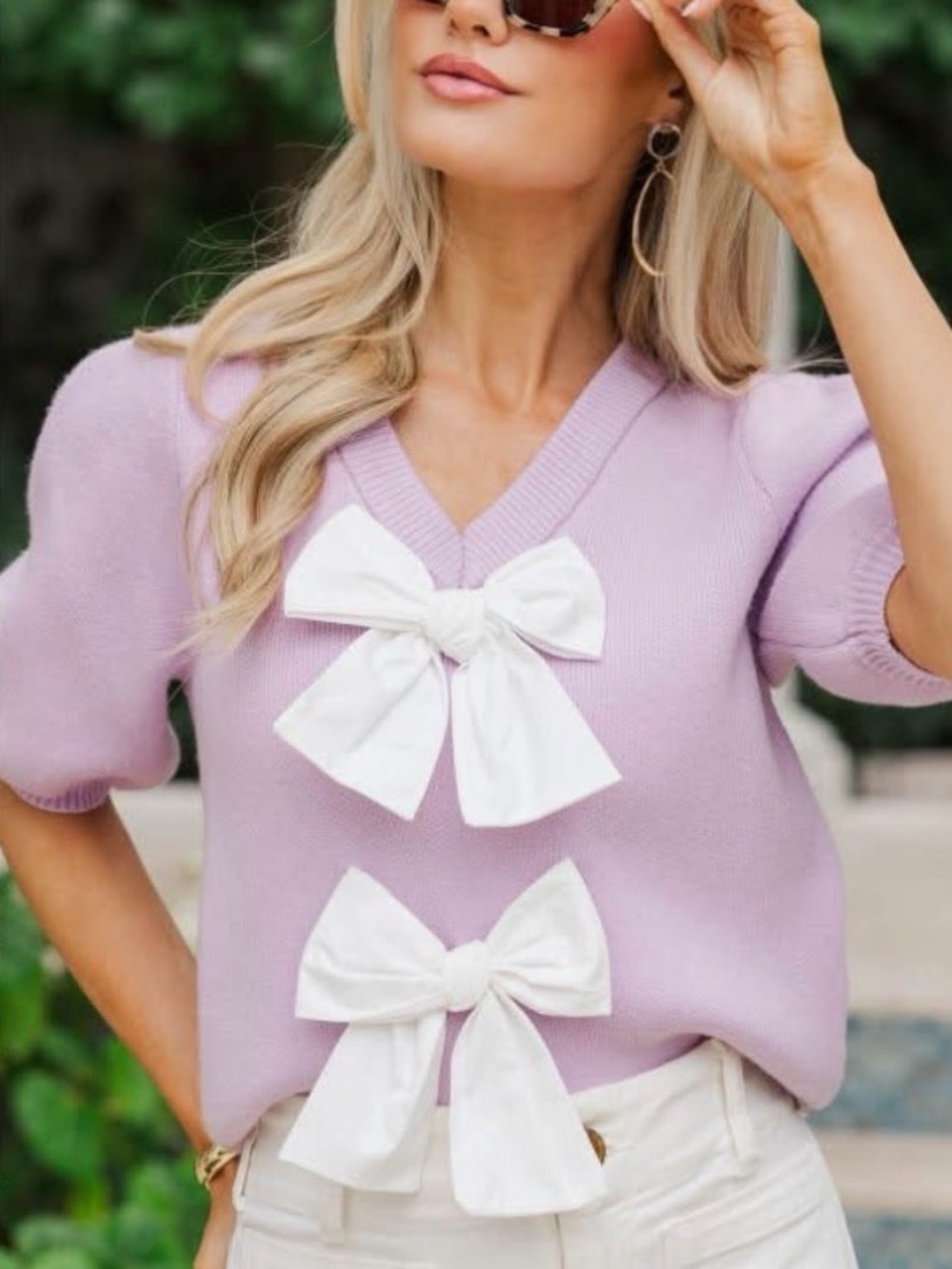 She + Sky Lilac Short-Sleeve Sweater with White Bow Accents